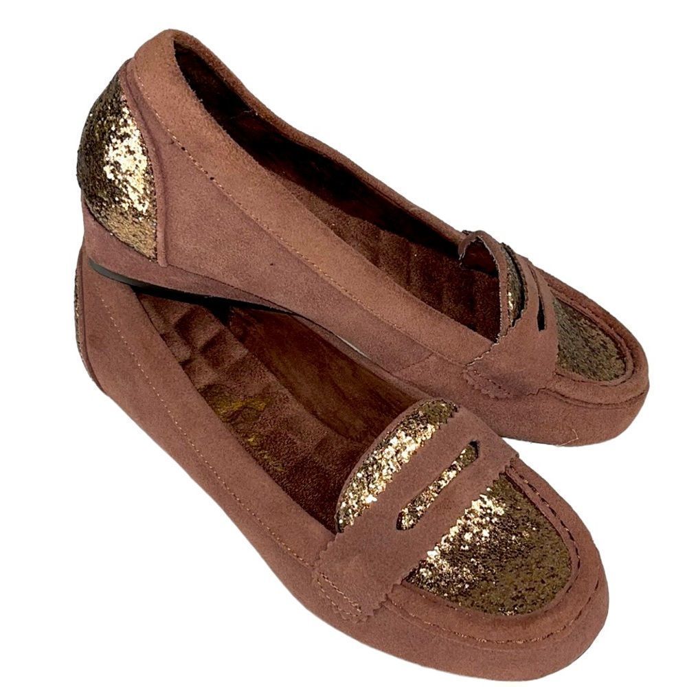Joan Boyce Brown Leather Loafers Suede Glitter Heel and Toe New w/o Box